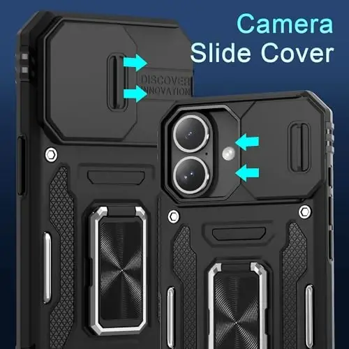 DEERLAMN Case for iPhone 16 with Slide Camera Cover+Screen Protector (2 Packs), Rotated Ring Kickstand Military Grade Shockproof Protective Cover-Black - DEERLAMN (1)