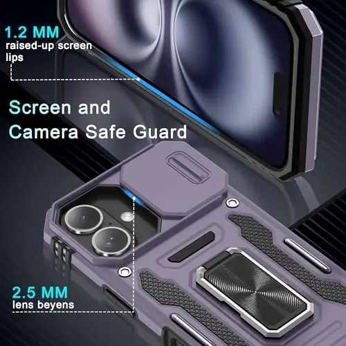 DEERLAMN Case for iPhone 16 with Slide Camera Cover+Screen Protector (2 Packs), Rotated Ring Kickstand Military Grade Shockproof Protective Cover-Deep Purple - 5