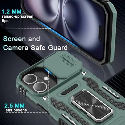 DEERLAMN Case for iPhone 16 with Slide Camera Cover+Screen Protector (2 Packs), Rotated Ring Kickstand Military Grade Shockproof Protective Cover-Green - 5