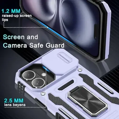 DEERLAMN Case for iPhone 16 with Slide Camera Cover+Screen Protector (2 Packs), Rotated Ring Kickstand Military Grade Shockproof Protective Cover-Light Purple - 5