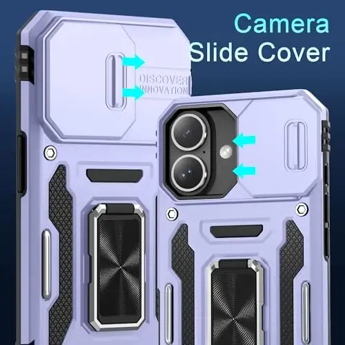 DEERLAMN Case for iPhone 16 with Slide Camera Cover+Screen Protector (2 Packs), Rotated Ring Kickstand Military Grade Shockproof Protective Cover-Light Purple - 2