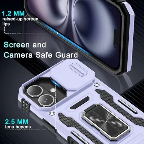 DEERLAMN Case for iPhone 16 with Slide Camera Cover+Screen Protector (2 Packs), Rotated Ring Kickstand Military Grade Shockproof Protective Cover-Light Purple - 5
