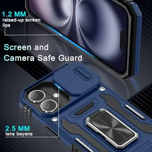 DEERLAMN Case for iPhone 16 with Slide Camera Cover+Screen Protector (2 Packs), Rotated Ring Kickstand Military Grade Shockproof Protective Cover-Navy Blue - 5