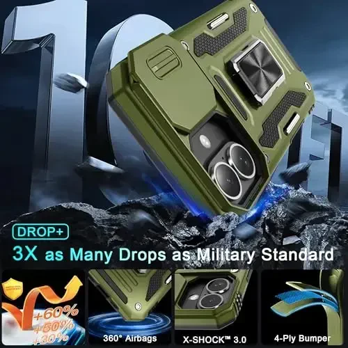 DEERLAMN Case for iPhone 16 with Slide Camera Cover+Screen Protector (2 Packs), Rotated Ring Kickstand Military Grade Shockproof Protective Cover-Olive Green - 3