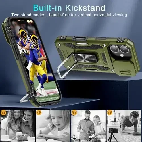 DEERLAMN Case for iPhone 16 with Slide Camera Cover+Screen Protector (2 Packs), Rotated Ring Kickstand Military Grade Shockproof Protective Cover-Olive Green - 4