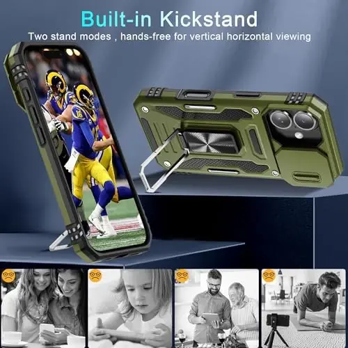DEERLAMN Case for iPhone 16 with Slide Camera Cover+Screen Protector (2 Packs), Rotated Ring Kickstand Military Grade Shockproof Protective Cover-Olive Green - 4