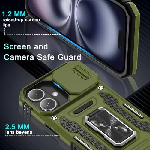 DEERLAMN Case for iPhone 16 with Slide Camera Cover+Screen Protector (2 Packs), Rotated Ring Kickstand Military Grade Shockproof Protective Cover-Olive Green - 5