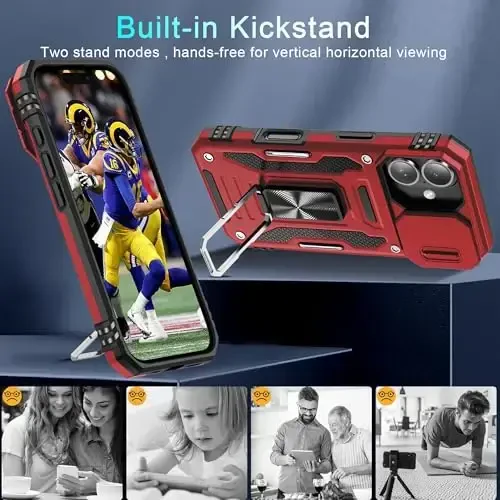 DEERLAMN Case for iPhone 16 with Slide Camera Cover+Screen Protector (2 Packs), Rotated Ring Kickstand Military Grade Shockproof Protective Cover-Red - 4