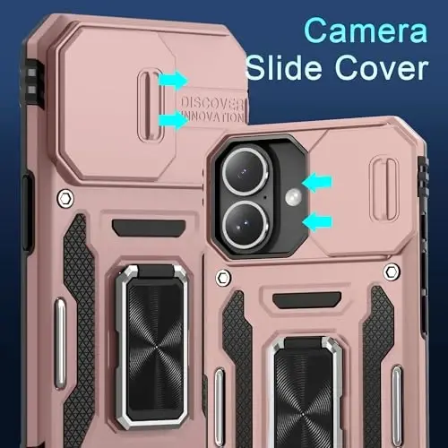 DEERLAMN Case for iPhone 16 with Slide Camera Cover+Screen Protector (2 Packs), Rotated Ring Kickstand Military Grade Shockproof Protective Cover-Rose Gold - 2