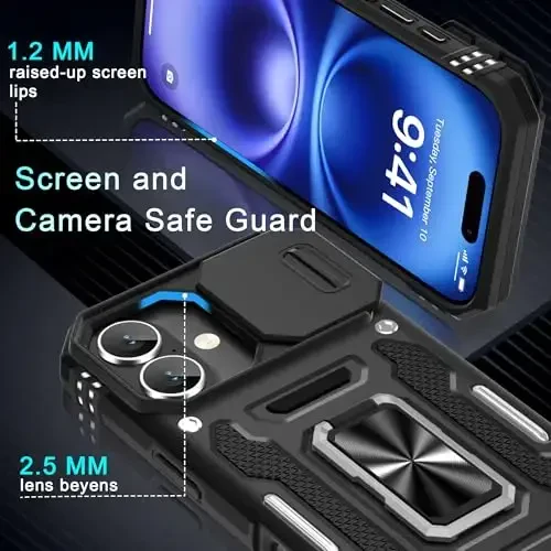 DEERLAMN Case for iPhone 17 6.3-Inch with Slide Camera Cover + Screen Protector (2 Packs), Rotated Ring Kickstand Military Grade Shockproof Protective Cover-Black - 5