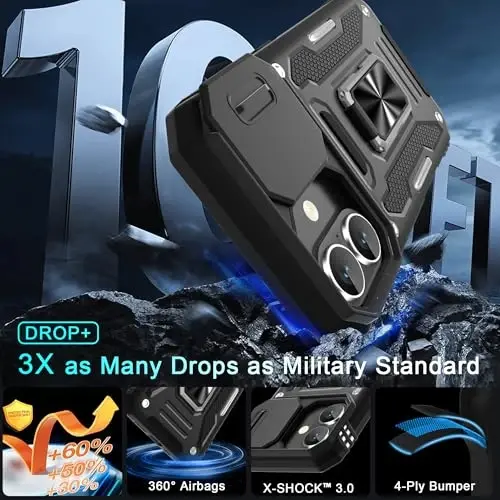 DEERLAMN Case for iPhone 17 6.3-Inch with Slide Camera Cover + Screen Protector (2 Packs), Rotated Ring Kickstand Military Grade Shockproof Protective Cover-Black - 3