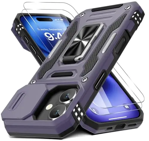 DEERLAMN Case for iPhone 17 6.3-Inch with Slide Camera Cover + Screen Protector (2 Packs), Rotated Ring Kickstand Military Grade Shockproof Protective Cover-Deep Purple - DEERLAMN