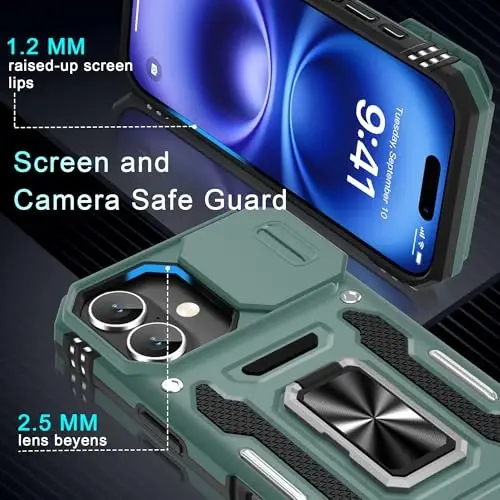 DEERLAMN Case for iPhone 17 6.3-Inch with Slide Camera Cover + Screen Protector (2 Packs), Rotated Ring Kickstand Military Grade Shockproof Protective Cover-Green - 5