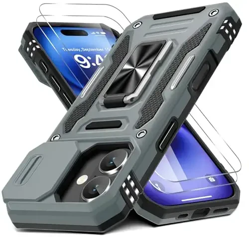 DEERLAMN Case for iPhone 17 6.3-Inch with Slide Camera Cover + Screen Protector (2 Packs), Rotated Ring Kickstand Military Grade Shockproof Protective Cover-Grey - 1