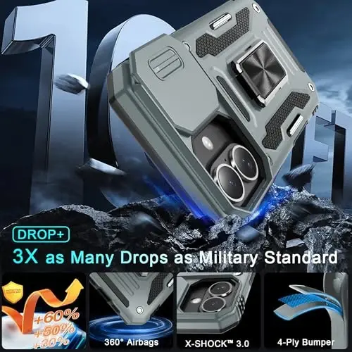 DEERLAMN Case for iPhone 17 6.3-Inch with Slide Camera Cover + Screen Protector (2 Packs), Rotated Ring Kickstand Military Grade Shockproof Protective Cover-Grey - 3