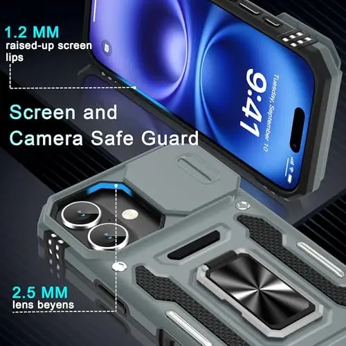 DEERLAMN Case for iPhone 17 6.3-Inch with Slide Camera Cover + Screen Protector (2 Packs), Rotated Ring Kickstand Military Grade Shockproof Protective Cover-Grey - 5