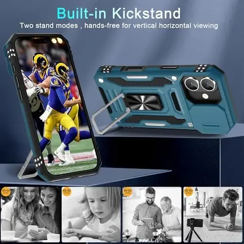 DEERLAMN Case for iPhone 17 6.3-Inch with Slide Camera Cover + Screen Protector (2 Packs), Rotated Ring Kickstand Military Grade Shockproof Protective Cover-Light Blue - 4