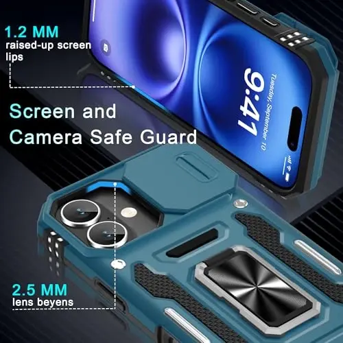 DEERLAMN Case for iPhone 17 6.3-Inch with Slide Camera Cover + Screen Protector (2 Packs), Rotated Ring Kickstand Military Grade Shockproof Protective Cover-Light Blue - 5