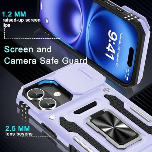 DEERLAMN Case for iPhone 17 6.3-Inch with Slide Camera Cover + Screen Protector (2 Packs), Rotated Ring Kickstand Military Grade Shockproof Protective Cover-Light Purple - 5