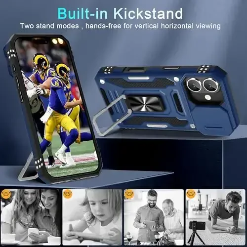 DEERLAMN Case for iPhone 17 6.3-Inch with Slide Camera Cover + Screen Protector (2 Packs), Rotated Ring Kickstand Military Grade Shockproof Protective Cover-Navy Blue - 4