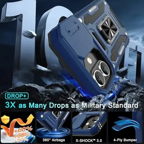 DEERLAMN Case for iPhone 17 6.3-Inch with Slide Camera Cover + Screen Protector (2 Packs), Rotated Ring Kickstand Military Grade Shockproof Protective Cover-Navy Blue - 3