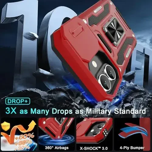 DEERLAMN Case for iPhone 17 6.3-Inch with Slide Camera Cover + Screen Protector (2 Packs), Rotated Ring Kickstand Military Grade Shockproof Protective Cover-Red - 3