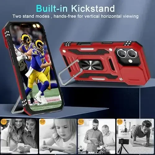 DEERLAMN Case for iPhone 17 6.3-Inch with Slide Camera Cover + Screen Protector (2 Packs), Rotated Ring Kickstand Military Grade Shockproof Protective Cover-Red - 4