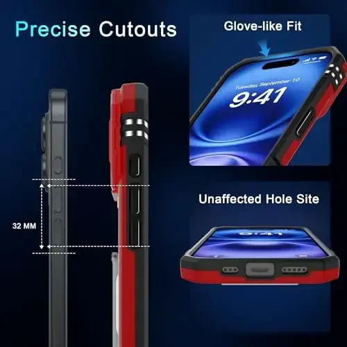 DEERLAMN Case for iPhone 17 6.3-Inch with Slide Camera Cover + Screen Protector (2 Packs), Rotated Ring Kickstand Military Grade Shockproof Protective Cover-Red - 6