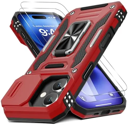 DEERLAMN Case for iPhone 17 6.3-Inch with Slide Camera Cover + Screen Protector (2 Packs), Rotated Ring Kickstand Military Grade Shockproof Protective Cover-Red - 1