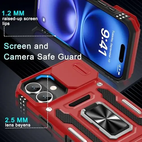 DEERLAMN Case for iPhone 17 6.3-Inch with Slide Camera Cover + Screen Protector (2 Packs), Rotated Ring Kickstand Military Grade Shockproof Protective Cover-Red - 5