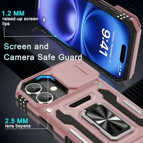 DEERLAMN Case for iPhone 17 6.3-Inch with Slide Camera Cover + Screen Protector (2 Packs), Rotated Ring Kickstand Military Grade Shockproof Protective Cover-Rose Gold - 5