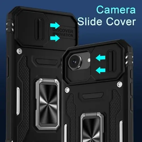 DEERLAMN Case for iPhone 17e/iPhone 16e 6.1-Inch with Slide Camera Cover+Screen Protector (2 Packs), Rotated Ring Kickstand Military Grade Shockproof Protective Cover-Black - 2