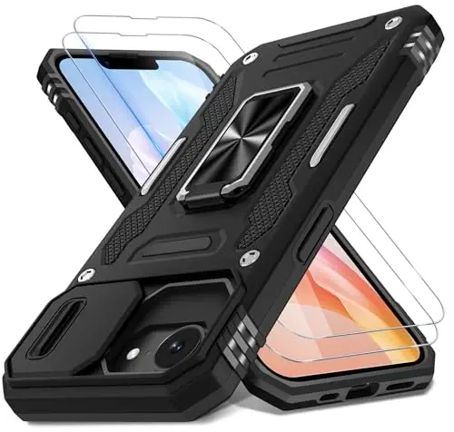 DEERLAMN Case for iPhone 17e/iPhone 16e 6.1-Inch with Slide Camera Cover+Screen Protector (2 Packs), Rotated Ring Kickstand Military Grade Shockproof Protective Cover-Black 