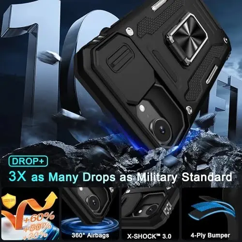 DEERLAMN Case for iPhone 17e/iPhone 16e 6.1-Inch with Slide Camera Cover+Screen Protector (2 Packs), Rotated Ring Kickstand Military Grade Shockproof Protective Cover-Black - 3