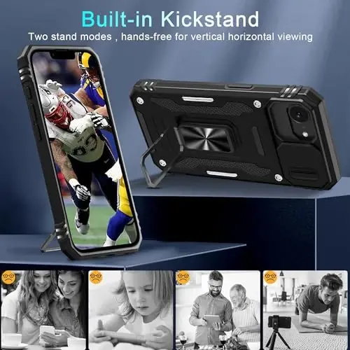 DEERLAMN Case for iPhone 17e/iPhone 16e 6.1-Inch with Slide Camera Cover+Screen Protector (2 Packs), Rotated Ring Kickstand Military Grade Shockproof Protective Cover-Black - 4