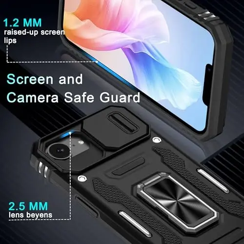 DEERLAMN Case for iPhone 17e/iPhone 16e 6.1-Inch with Slide Camera Cover+Screen Protector (2 Packs), Rotated Ring Kickstand Military Grade Shockproof Protective Cover-Black - 5