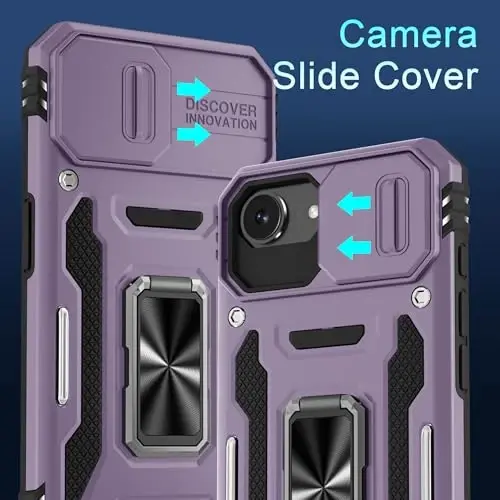 DEERLAMN Case for iPhone 17e/iPhone 16e 6.1-Inch with Slide Camera Cover+Screen Protector (2 Packs), Rotated Ring Kickstand Military Grade Shockproof Protective Cover-Deep Purple - 2