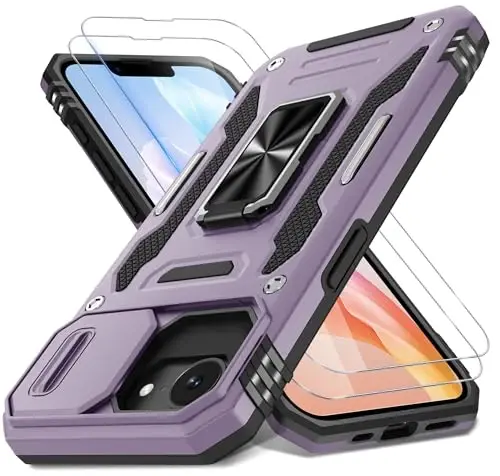 DEERLAMN Case for iPhone 17e/iPhone 16e 6.1-Inch with Slide Camera Cover+Screen Protector (2 Packs), Rotated Ring Kickstand Military Grade Shockproof Protective Cover-Deep Purple - DEERLAMN
