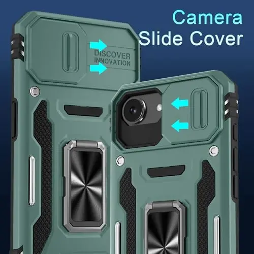 DEERLAMN Case for iPhone 17e/iPhone 16e 6.1-Inch with Slide Camera Cover+Screen Protector (2 Packs), Rotated Ring Kickstand Military Grade Shockproof Protective Cover-Green - 2