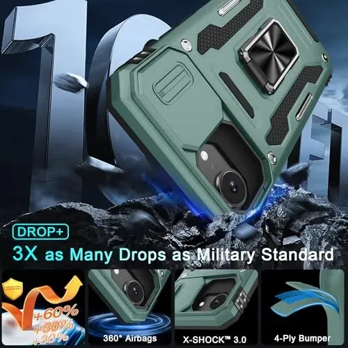 DEERLAMN Case for iPhone 17e/iPhone 16e 6.1-Inch with Slide Camera Cover+Screen Protector (2 Packs), Rotated Ring Kickstand Military Grade Shockproof Protective Cover-Green - 3