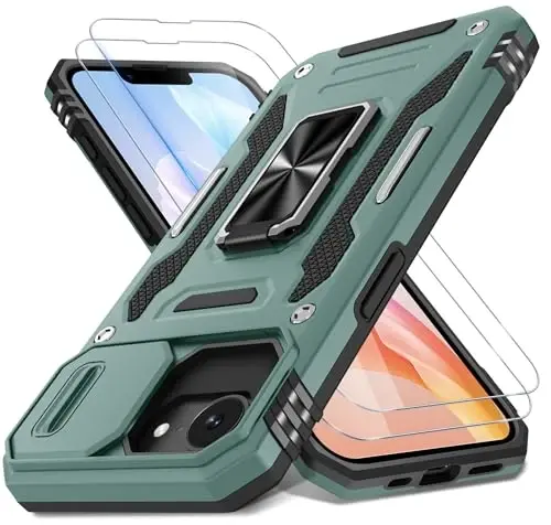 DEERLAMN Case for iPhone 17e/iPhone 16e 6.1-Inch with Slide Camera Cover+Screen Protector (2 Packs), Rotated Ring Kickstand Military Grade Shockproof Protective Cover-Green 