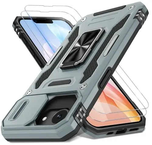 DEERLAMN Case for iPhone 17e/iPhone 16e 6.1-Inch with Slide Camera Cover+Screen Protector (2 Packs), Rotated Ring Kickstand Military Grade Shockproof Protective Cover-Grey 