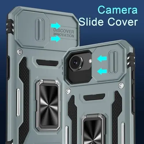 DEERLAMN Case for iPhone 17e/iPhone 16e 6.1-Inch with Slide Camera Cover+Screen Protector (2 Packs), Rotated Ring Kickstand Military Grade Shockproof Protective Cover-Grey - 2