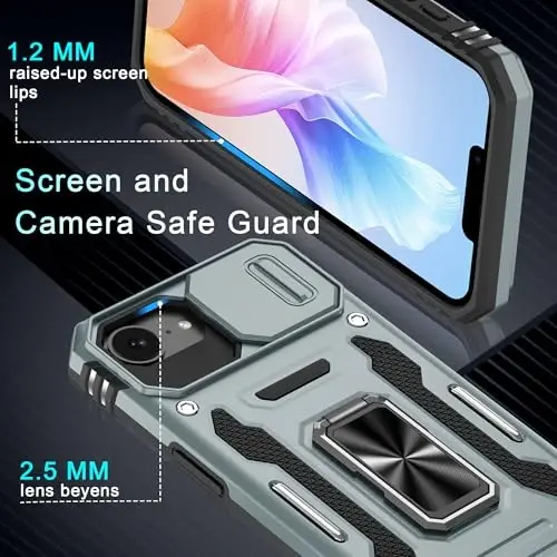 DEERLAMN Case for iPhone 17e/iPhone 16e 6.1-Inch with Slide Camera Cover+Screen Protector (2 Packs), Rotated Ring Kickstand Military Grade Shockproof Protective Cover-Grey - 5