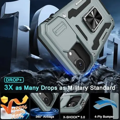 DEERLAMN Case for iPhone 17e/iPhone 16e 6.1-Inch with Slide Camera Cover+Screen Protector (2 Packs), Rotated Ring Kickstand Military Grade Shockproof Protective Cover-Grey - 3