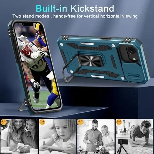 DEERLAMN Case for iPhone 17e/iPhone 16e 6.1-Inch with Slide Camera Cover+Screen Protector (2 Packs), Rotated Ring Kickstand Military Grade Shockproof Protective Cover-Light Blue - 4