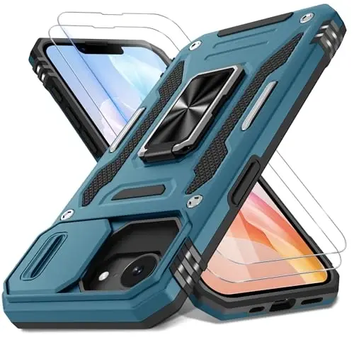 DEERLAMN Case for iPhone 17e/iPhone 16e 6.1-Inch with Slide Camera Cover+Screen Protector (2 Packs), Rotated Ring Kickstand Military Grade Shockproof Protective Cover-Light Blue 