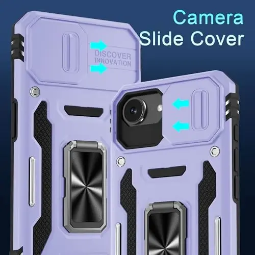 DEERLAMN Case for iPhone 17e/iPhone 16e 6.1-Inch with Slide Camera Cover+Screen Protector (2 Packs), Rotated Ring Kickstand Military Grade Shockproof Protective Cover-Light Purple - 2