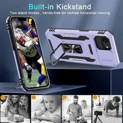DEERLAMN Case for iPhone 17e/iPhone 16e 6.1-Inch with Slide Camera Cover+Screen Protector (2 Packs), Rotated Ring Kickstand Military Grade Shockproof Protective Cover-Light Purple - 4