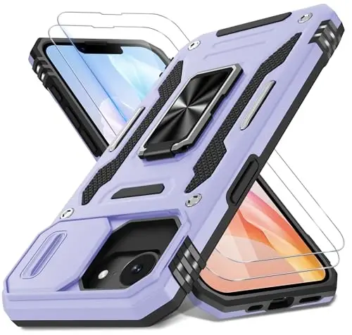 DEERLAMN Case for iPhone 17e/iPhone 16e 6.1-Inch with Slide Camera Cover+Screen Protector (2 Packs), Rotated Ring Kickstand Military Grade Shockproof Protective Cover-Light Purple 